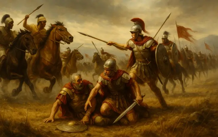 Ticinus Muharebesi’nde Roma süvarilerinin Hannibal’ın Numidya süvarileri tarafından çevrilip bozguna uğratıldığı an; yerde yaralı konsül Scipio, etrafında Roma askerleri ve yaklaşan süvariler görülüyor.